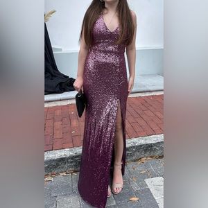 V-Neck Ombre Sequin X-Back High Slit Long Dress